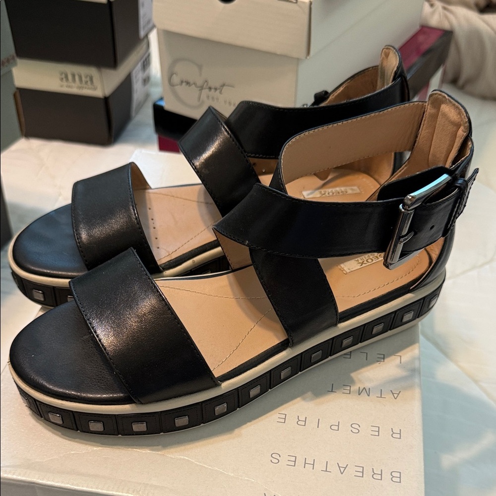 Geox Black Platform Sandals with Tan Insole